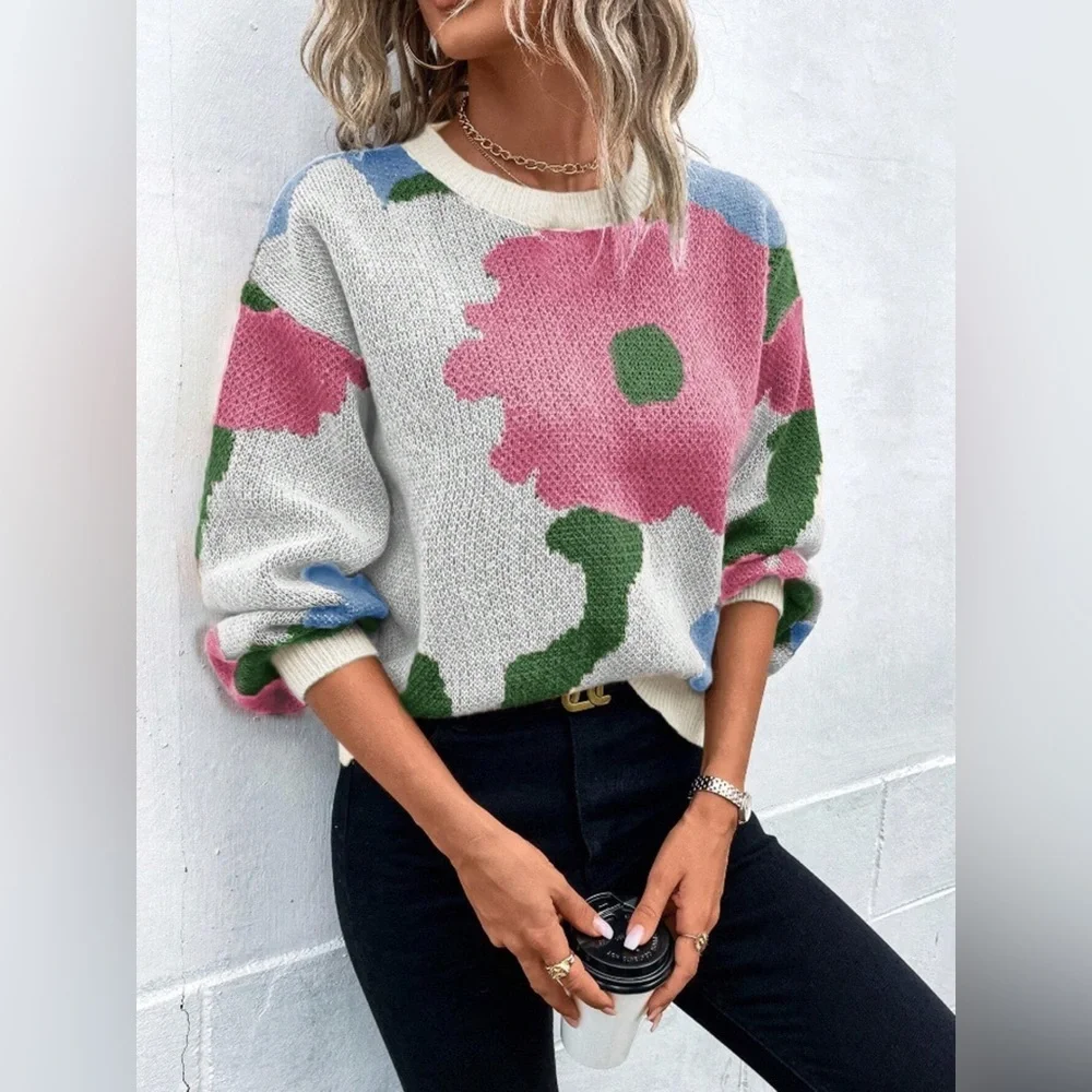 Floral Pattern Round Neck Sweater - Picture 7 of 16